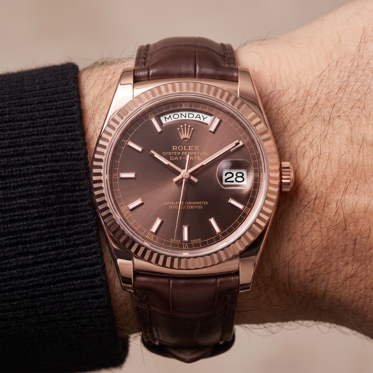 Day-date Everose Gold President Chocolate Dial Leather Strap Men’s Watch