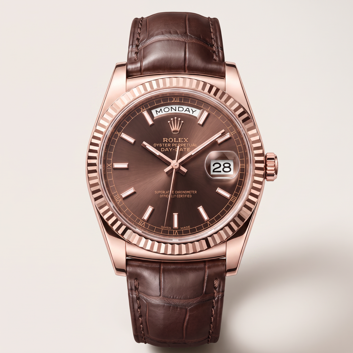 Day-date Everose Gold President Chocolate Dial Leather Strap Men’s Watch