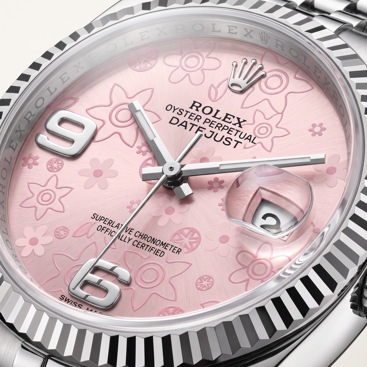 Lady-Datejust Oyster Perpetual Pink Floral Dial Stainless Steel Automatic Watch