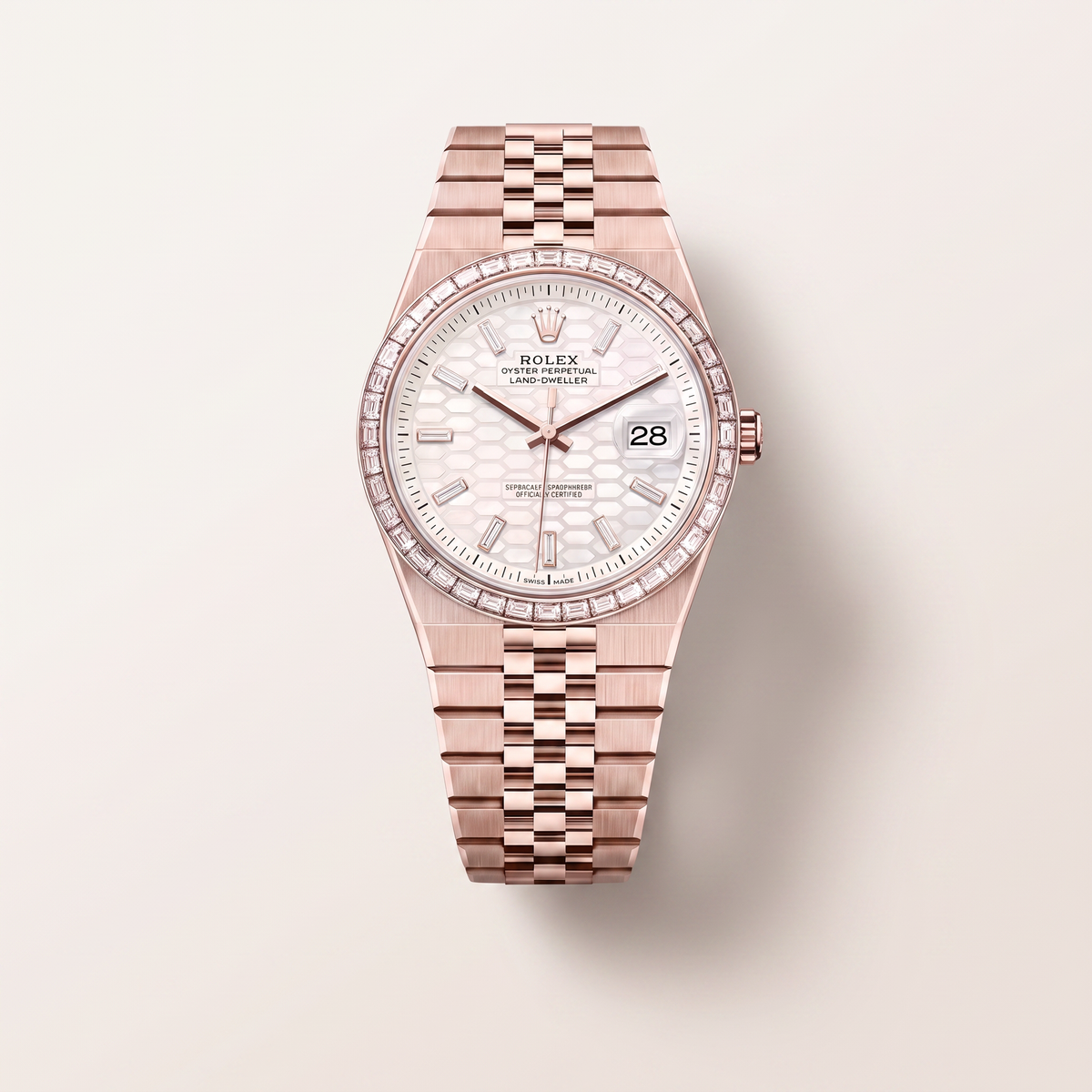Land-Dweller Oyster Everose gold And Diamonds Intense White Honeycomb Motif Dial Automatic Watch