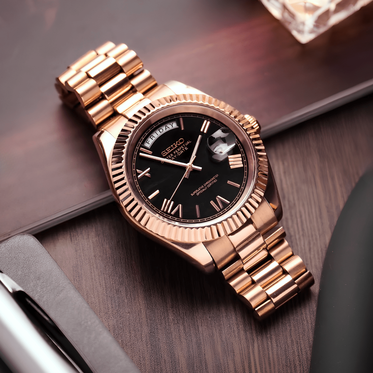 Seiko Mod Day-Date Gold Roman Black