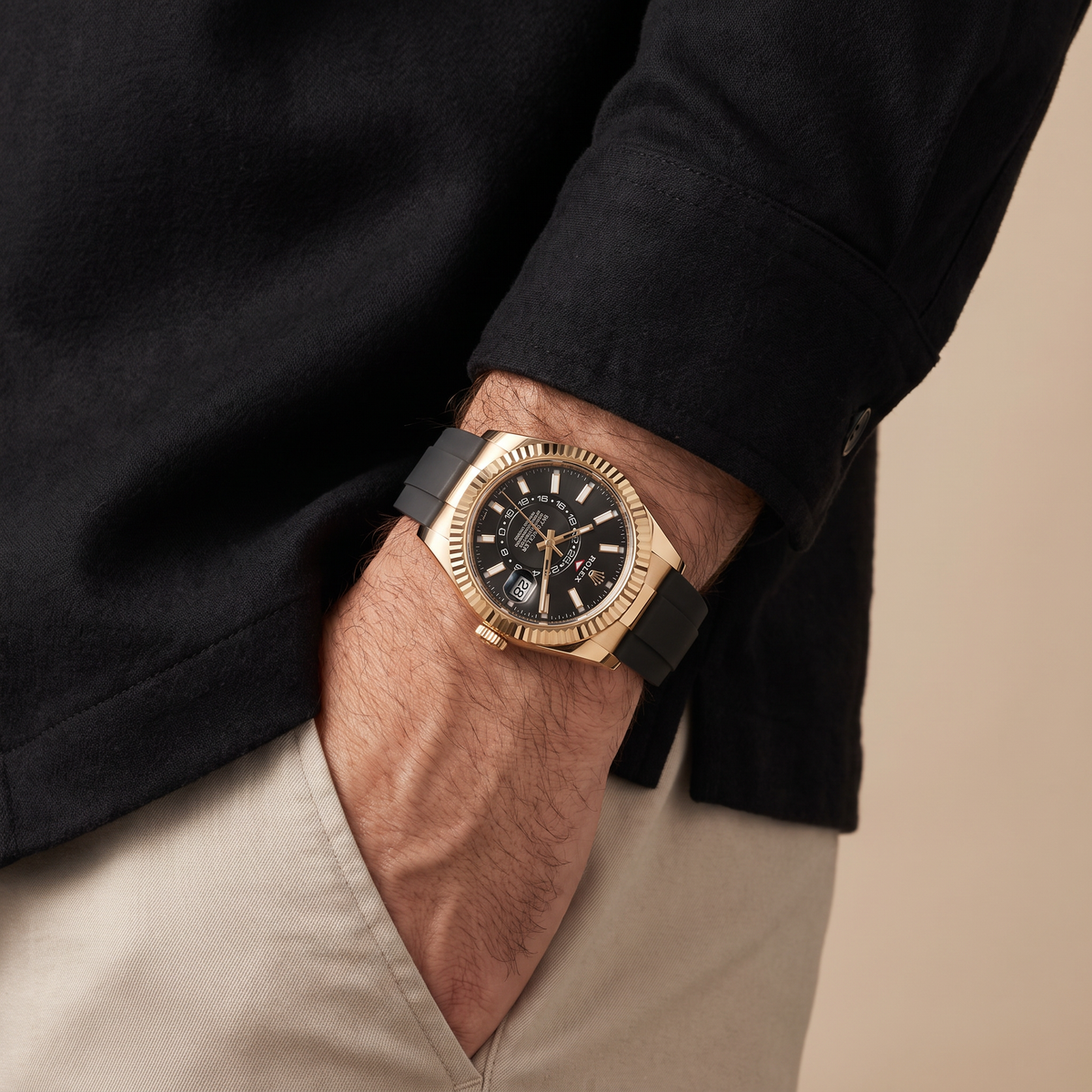 Sky-Dweller Dial Time And Yellow Tone Ring-Command Control Men's Watch
