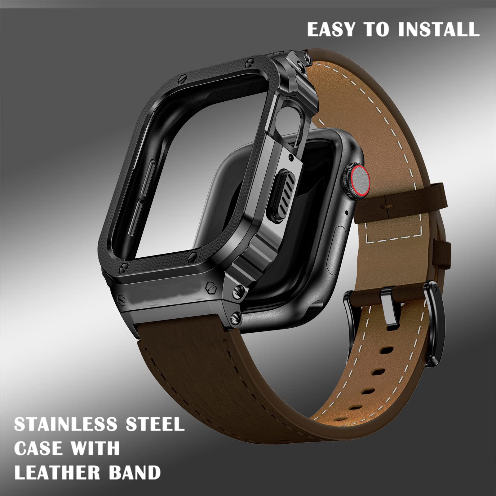 Metal Case Genuine Leather Strap For Apple Watch