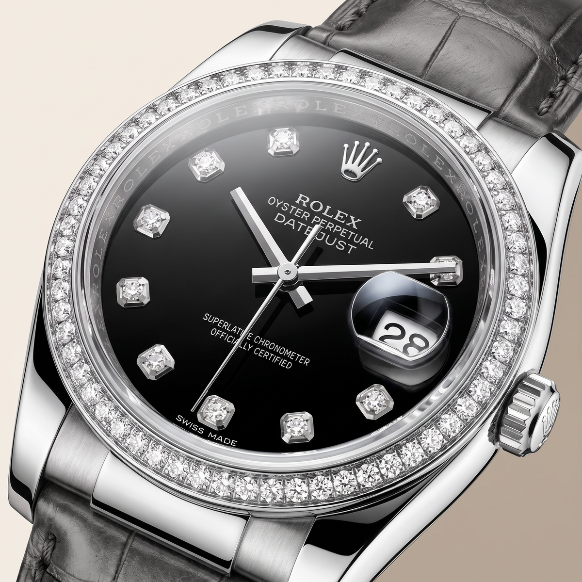 Datejust Black Dial Diamond Bezel Leather Strap Automatic Watch