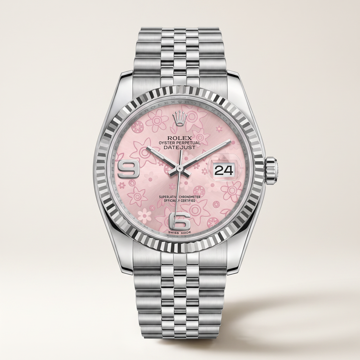 Lady-Datejust Oyster Perpetual Pink Floral Dial Stainless Steel Automatic Watch