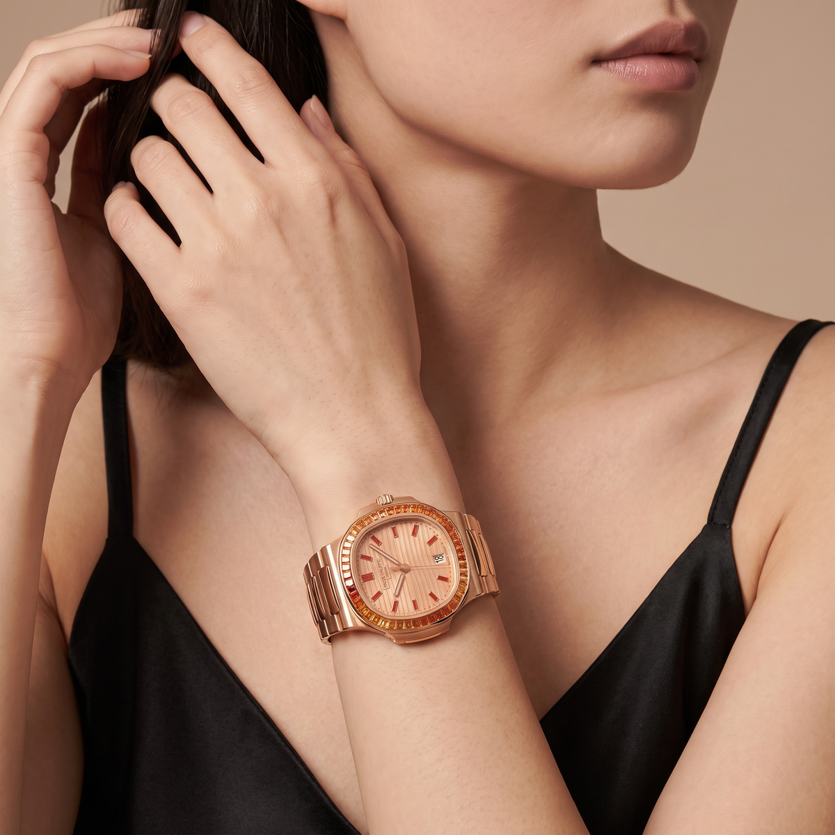 Nautilus 7118/1300R-001 Rose Dial Gemstone Paved Automatic Watch