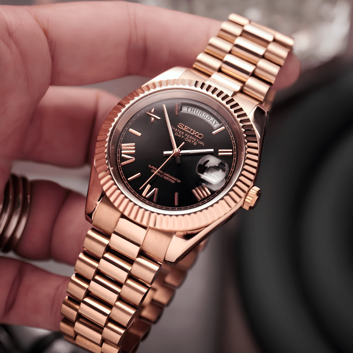 Seiko Mod Day-Date Gold Roman Black